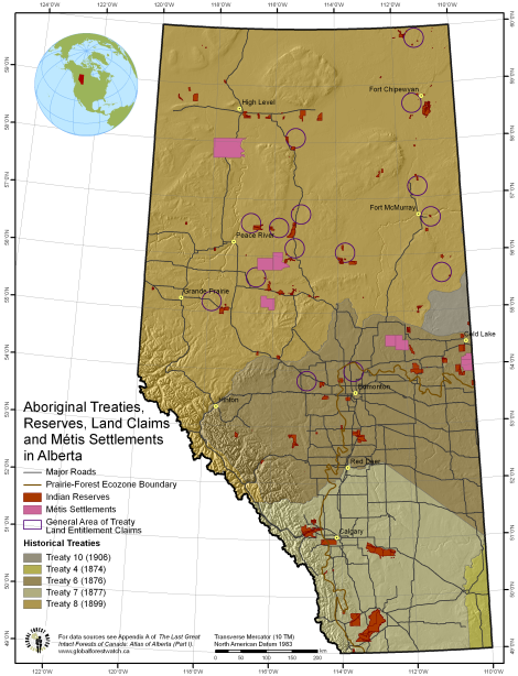 Map showing Métis Settlements in comparison to Reserves